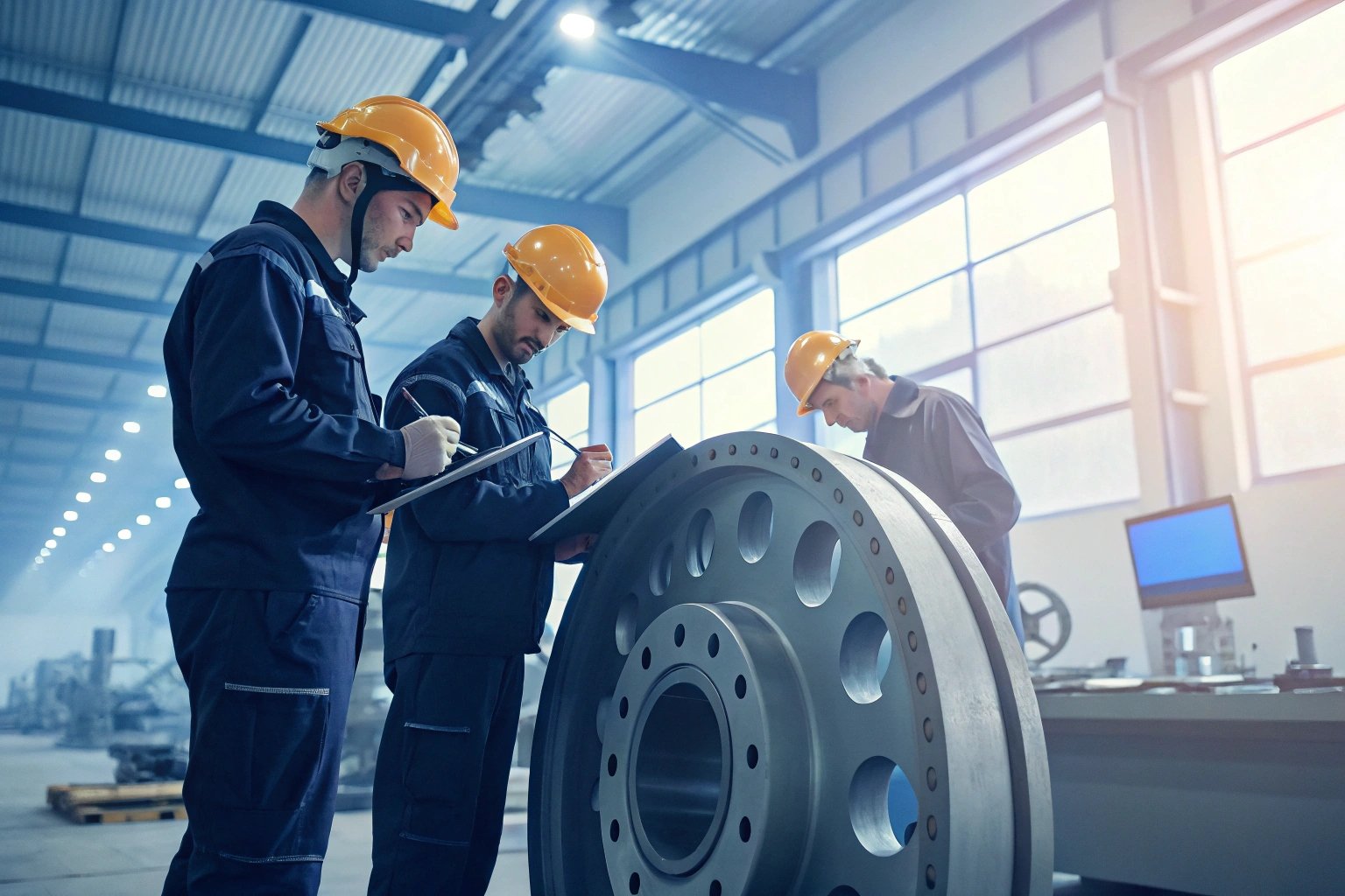 Team of engineers inspecting a large mechanical part in a well-lit factory environment.
